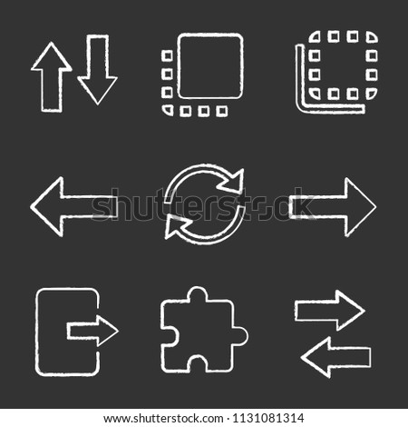 UI/UX chalk icons set. Vertical and horizontal swap, flip to back and front, next, previous buttons, refresh, exit, extension. Isolated vector chalkboard illustrations