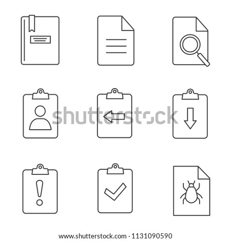 UI/UX linear icons set. Assignment late, turned in, bug report, notepad, file, find in page, clipboard with left and right arrows, cv. Thin line contour symbols. Isolated vector outline illustrations