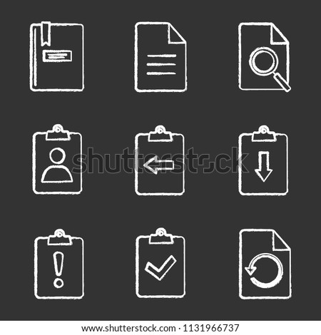 UI/UX chalk icons set. Notepad, file, find in page, assignment Ind, clipboards with left and right arrows, question and exclamation marks, restore. Isolated vector chalkboard illustrations