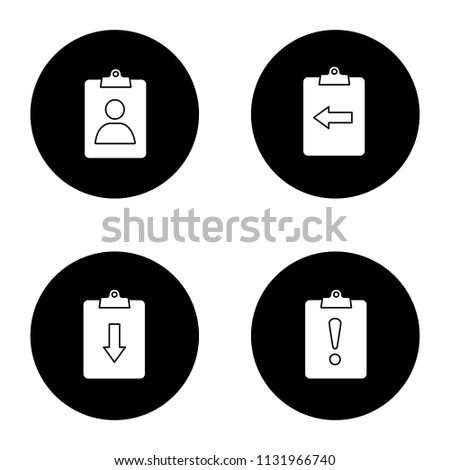 UI/UX glyph icons set. Assignment Ind, clipboards with down, left arrow and exclamation mark. Vector white silhouettes illustrations in black circles