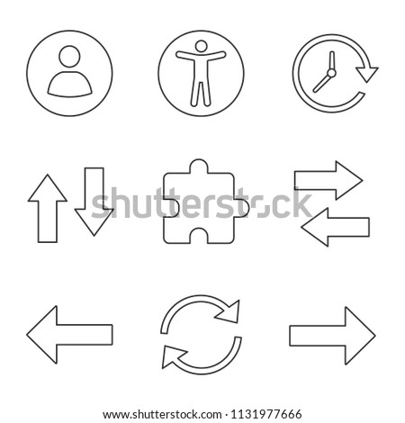 UI/UX linear icons set. Userpic, accessibility, update, vertical and horizontal swap, extension, next and previous, refresh arrow. Thin line contour symbols. Isolated vector outline illustrations