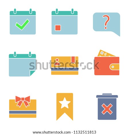 UI/UX glyph color icons set. Calendar, event, faq, membership card, pay, certificate, bookmark, delete. Silhouette symbols on white background with no outline. Negative space. Vector illustrations