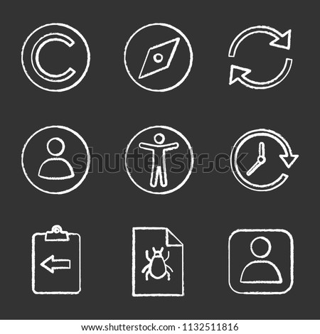 UI/UX chalk icons set. Copyright, explore tool, refresh arrow, userpic, accessibility, update, assignment return, bug report, account user. Isolated vector chalkboard illustrations