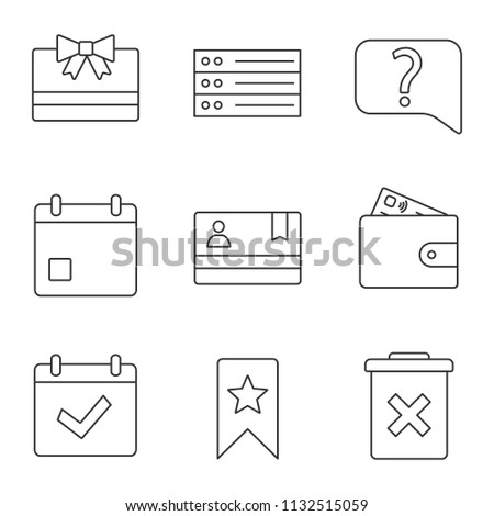UI/UX linear icons set. Gift card, list, live chat, event, id badge, pay, complete day, bookmark, delete forever. Thin line contour symbols. Isolated vector outline illustrations