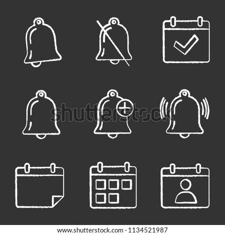 UI/UX chalk icons set. Notifications modes, complete day, alarm, reminder, calendar, date range, contact. Isolated vector chalkboard illustrations