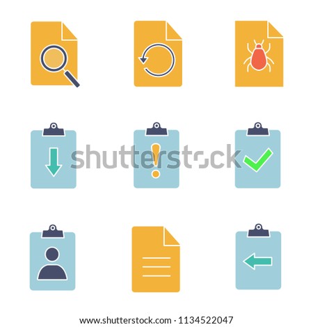 UI/UX glyph color icons set. Find in page, restore, bug report, assignment late and returned in, cv, description, clipboard. Silhouette symbols with no outline. Negative space. Vector illustrations