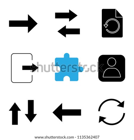 UI/UX glyph icons set. Next, vertical and horizontal swap, restore page, exit, extension, userpic, back, refresh arrow. Silhouette symbols. Vector isolated illustration