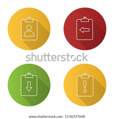 UI/UX flat linear long shadow icons set. Assignment Ind, clipboards with down, left arrow and exclamation mark. Vector outline illustration