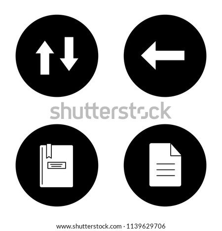 UI/UX glyph icons set. Vertical swap, back arrow, notepad, file. Vector white silhouettes illustrations in black circles