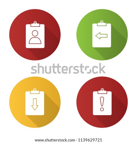 UI/UX flat design long shadow glyph icons set. Assignment Ind, clipboards with down, left arrow and exclamation mark. Vector silhouette illustration