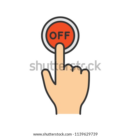 Turn off button click color icon. Shutdown. Power off. Hand pressing button. Isolated vector illustration