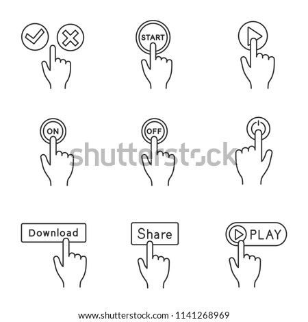App buttons linear icons set. Click. Accept and decline, start, play, turn on and off, power, download, share, launch. Thin line contour symbols. Isolated vector outline illustrations. Editable stroke
