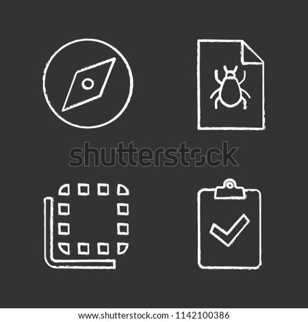 UI/UX chalk icons set. Explore tool, bug report, flip to back button, assignment turned in. Isolated vector chalkboard illustrations