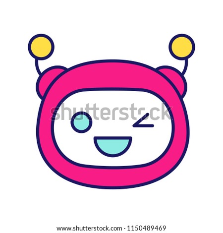 Winking robot emoji color icon. Happy and funny chatbot smiley. Chat bot emoticon.  Artificial conversational entity. Virtual assistant. Artificial intelligence. Isolated vector illustration