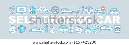 Self driving car word concepts banner. Driverless auto. Isolated lettering typography idea with linear icons. Autonomous automobile. Vector outline illustration