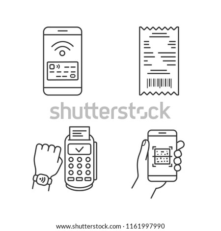NFC payment linear icons set. Cash receipt, QR code scanner, NFC smartphone and smartwatch. Thin line contour symbols. Isolated vector outline illustrations. Editable stroke