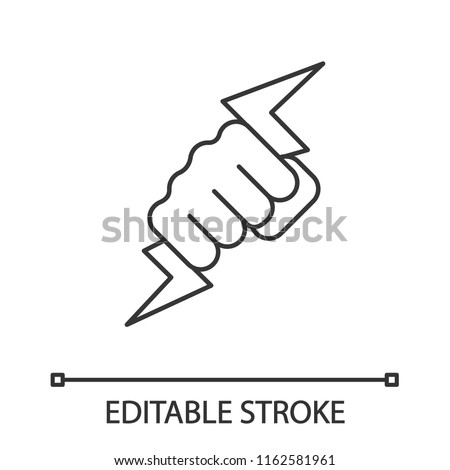 Hand holding lightning bolt linear icon. Power fist. Thin line illustration. Electric energy. Zeus hand. Contour symbol. Vector isolated outline drawing. Editable stroke