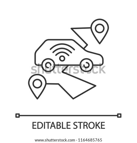 Self driving car linear icon. Smart navigation. Thin line illustration. Setting pickup and drop off locations. Driverless auto. Autonomous automobile. Vector isolated outline drawing. Editable stroke