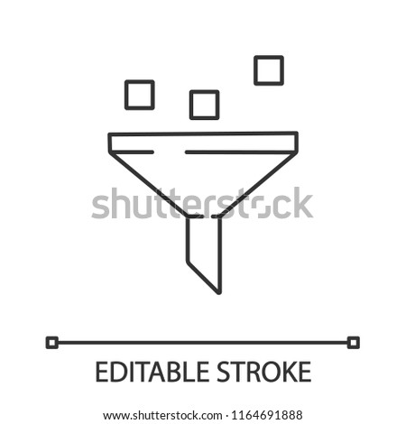 Data filtering system linear icon. Thin line illustration. Machine learning process. Data mining. Funnel. Statistics gathering. Vector isolated outline drawing. Editable stroke