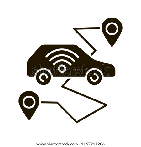 Self driving car glyph icon. Smart navigation. Setting pickup and drop off locations. Driverless auto route. Autonomous automobile. Silhouette symbol. Negative space. Vector isolated illustration