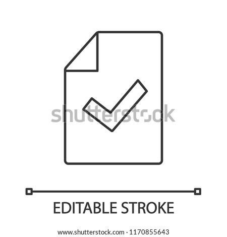 Document verification linear icon. Test or exam successfully completed. Thin line illustration. Paper sheet with check mark. Approved. Contour symbol. Vector isolated outline drawing. Editable stroke
