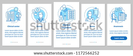 Medicine and healthcare onboarding mobile app page screen with linear concepts. Doctor, nurse, clinic, treatment, anamnesis. Medical service steps graphic instructions. UX, UI, GUI vector illustration