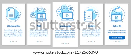 Digital software onboarding mobile app page screen with linear concepts. Attachment file, mail, multimedia, contacts, file deleting steps graphic instructions. UX, UI, GUI vector illustrations