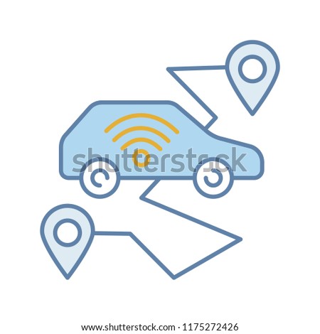 Self driving car color icon. Smart navigation. Setting pickup and drop off locations. Driverless auto route. Autonomous automobile. Isolated vector illustration