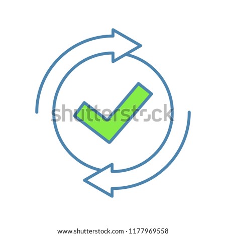 Checking process color icon. Successfully checked. Approved. Testing. Checkmark. Check mark with circle arrows. Verification and validation. Isolated vector illustration