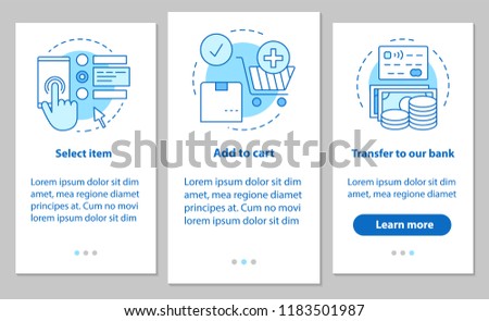 Online shopping onboarding mobile app page screen with linear concepts. Digital purchase steps instructions. Select items, add to cart, make payment. UX, UI, GUI vector template with illustrations