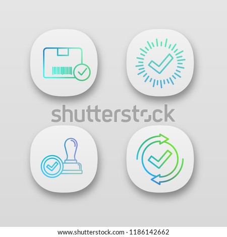 Approve app icons set. Verification and validation. Approved delivery, check mark, stamp of approval, checking process. UI/UX user interface. Web or mobile applications. Vector isolated illustrations
