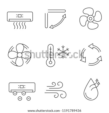 Air conditioning linear icons set. Air conditioner, louvers, exhaust fan, ventilator, winter, ventilation, ionizer, airflow, humidification. Isolated vector outline illustrations. Editable stroke