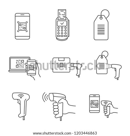 Barcodes linear icons set. Smartphone barcode scanning app, paper receipt, hang tag, parcel bar code, handheld scanner, reader. Contour symbols. Isolated vector outline illustrations. Editable stroke