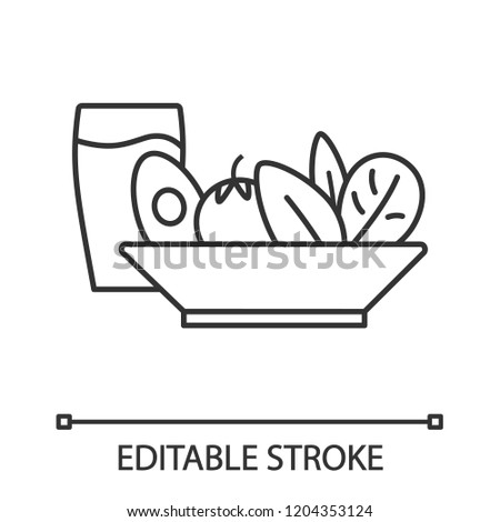 Salad and cold drink linear icon. Healthy nutrition. Thin line illustration. Salad bar. Vegetarian restaurant or cafe menu. Right business lunch menu. Vector isolated outline drawing. Editable stroke