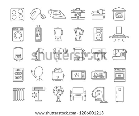 Household appliance linear icons set. Home and kitchen electronics. Domestic technology. Fridge, vacuum cleaner, mixer, dishwasher, oven, stove. Isolated vector outline illustrations. Editable stroke