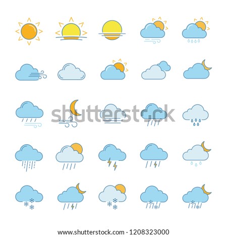 Weather forecast color icons set. Snow, rain, sleet. Shower or drizzle, thunderstorm. Sunny, cloudy, foggy and windy weather. Isolated vector illustrations