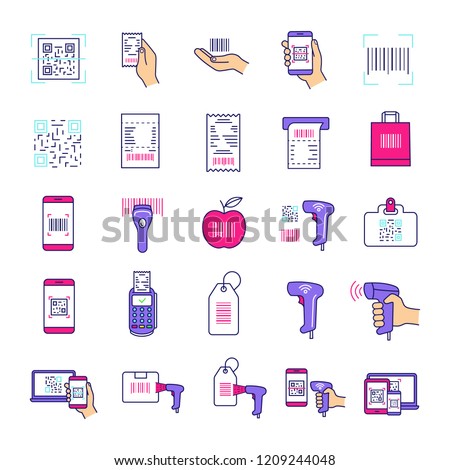 Brcodes color icons set. Linear and matrix bar codes. Barcodes reading and scanning apps, devices. Using QR codes in retail industry, inventory, control, delivery service. Isolated vector illustration