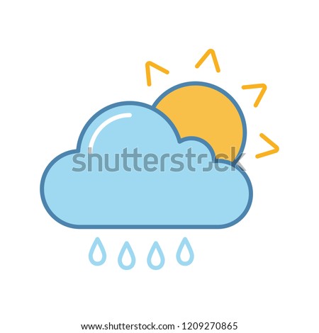 Rain with sun color icon. Sunny and rainy weather. Light rain. Drizzle, scattered shower. Cloud, sun and raindrops. Weather forecast. Isolated vector illustration