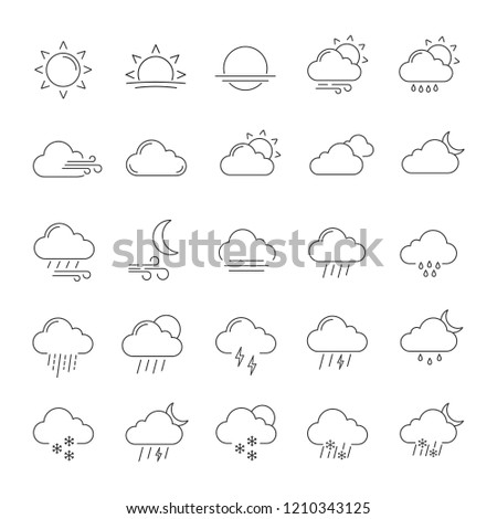 Weather forecast linear icons set. Snow, rain, sleet. Shower or drizzle, thunderstorm. Sunny, cloudy, foggy and windy weather. Contour symbols. Isolated vector outline illustrations. Editable stroke