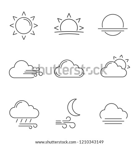 Weather forecast linear icons set. Sun, sunrise, sunset, wind, cloud, partly cloudy weather, pouring rain, windy night, fog. Contour symbols. Isolated vector outline illustrations. Editable stroke