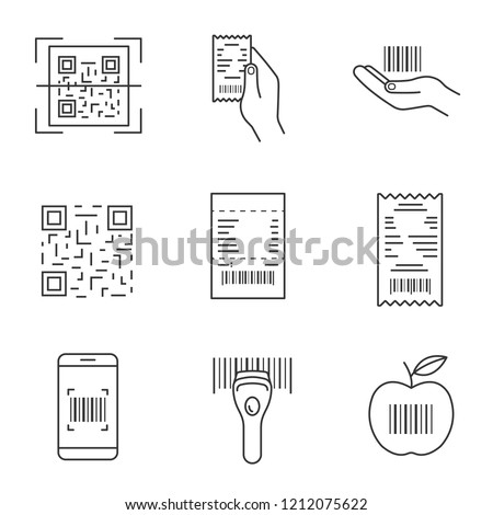 Barcodes linear icons set. QR and linear codes scanning app, device, cash receipt, barcode in hand, product bar code. Contour symbols. Isolated vector outline illustrations. Editable stroke