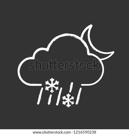 Night sleet chalk icon. Wet snow. Mixed snow and rain. Cloud, raindrops, snowflake, moon. Weather forecast. Isolated vector chalkboard illustration