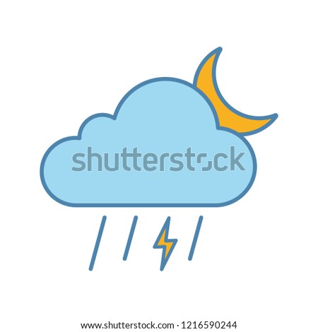 Night thunderstorm color icon. Thunder storm. Lightning storm. Stormy. Cloud, lightning, rain and moon. Weather forecast. Isolated vector illustration