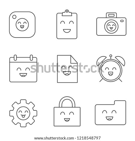Smiling items linear icons set. Happy camera, clipboard, photocamera, cogwheel, file, folder, calendar, padlock, alarm clock. Contour symbols. Isolated vector outline illustrations. Editable stroke