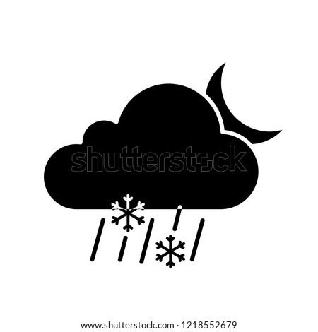 Night sleet glyph icon. Wet snow. Mixed snow and rain. Cloud, raindrops, snowflake, moon. Weather forecast. Silhouette symbol. Negative space. Vector isolated illustration