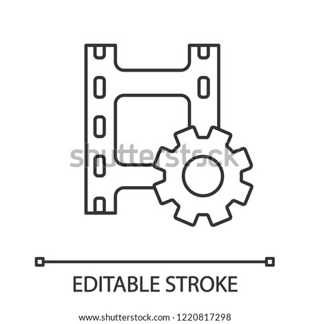 Video settings linear icon. Filmstrip with cogwheel. Thin line illustration. Film making. Multimedia player options. Contour symbol. Vector isolated outline drawing. Editable stroke