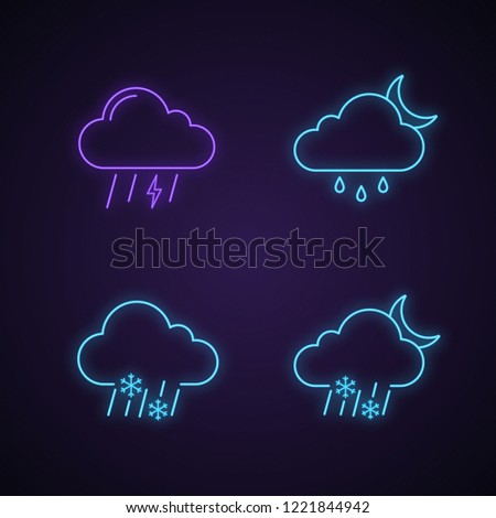 Weather forecast neon light icons set. Thunderstorm, drizzle rain at night, sleet weather, wet snow. Glowing signs. Vector isolated illustrations