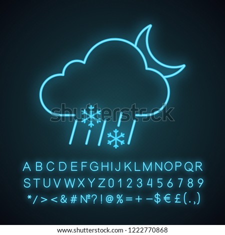 Night sleet neon light icon. Wet snow. Mixed snow and rain. Cloud, raindrops, snowflake, moon. Weather forecast. Glowing sign with alphabet, numbers and symbols. Vector isolated illustration