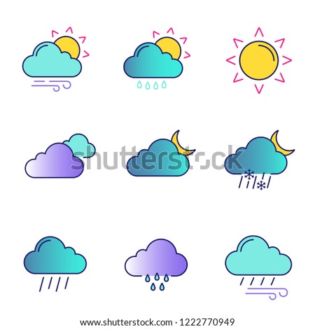 Weather forecast color icons set. Partly cloudy and windy weather, drizzle rain, sun, clouds, night, pouring and drizzle rain, wind, overcast, sleet. Isolated vector illustrations