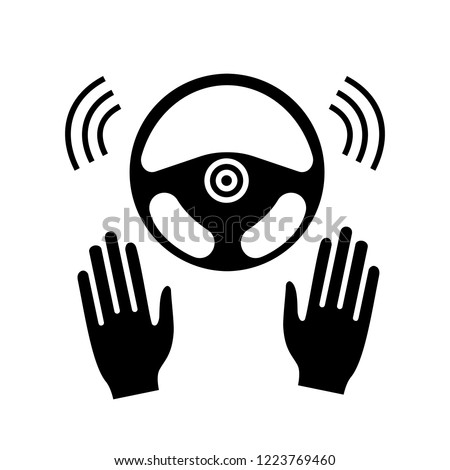 Autonomous car with full automation glyph icon. Driverless auto. Hands off automobile. Self driving auto. Car rudder and hands. Silhouette symbol. Negative space. Vector isolated illustration